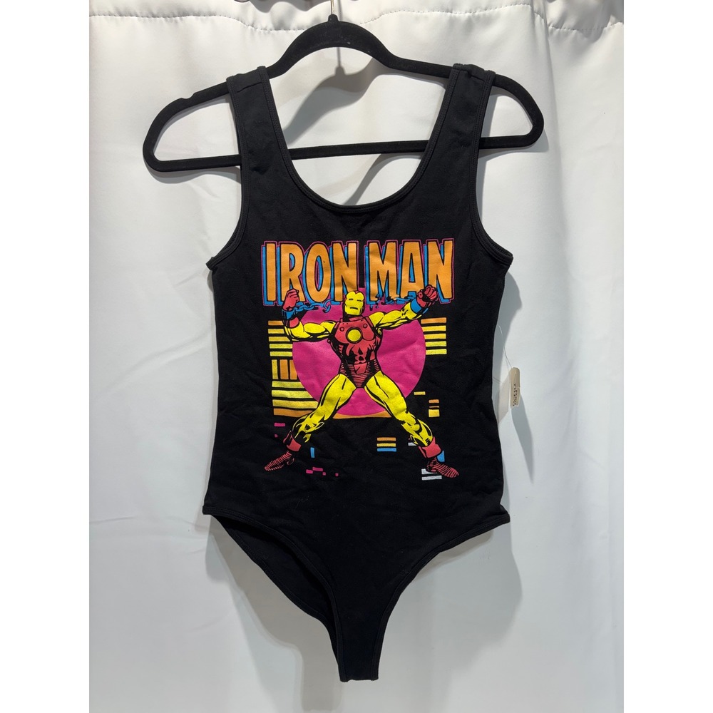 Marvel Iron Man Bodysuit Women Medium Black Retro Graphic Sleeveless Scoop Neck